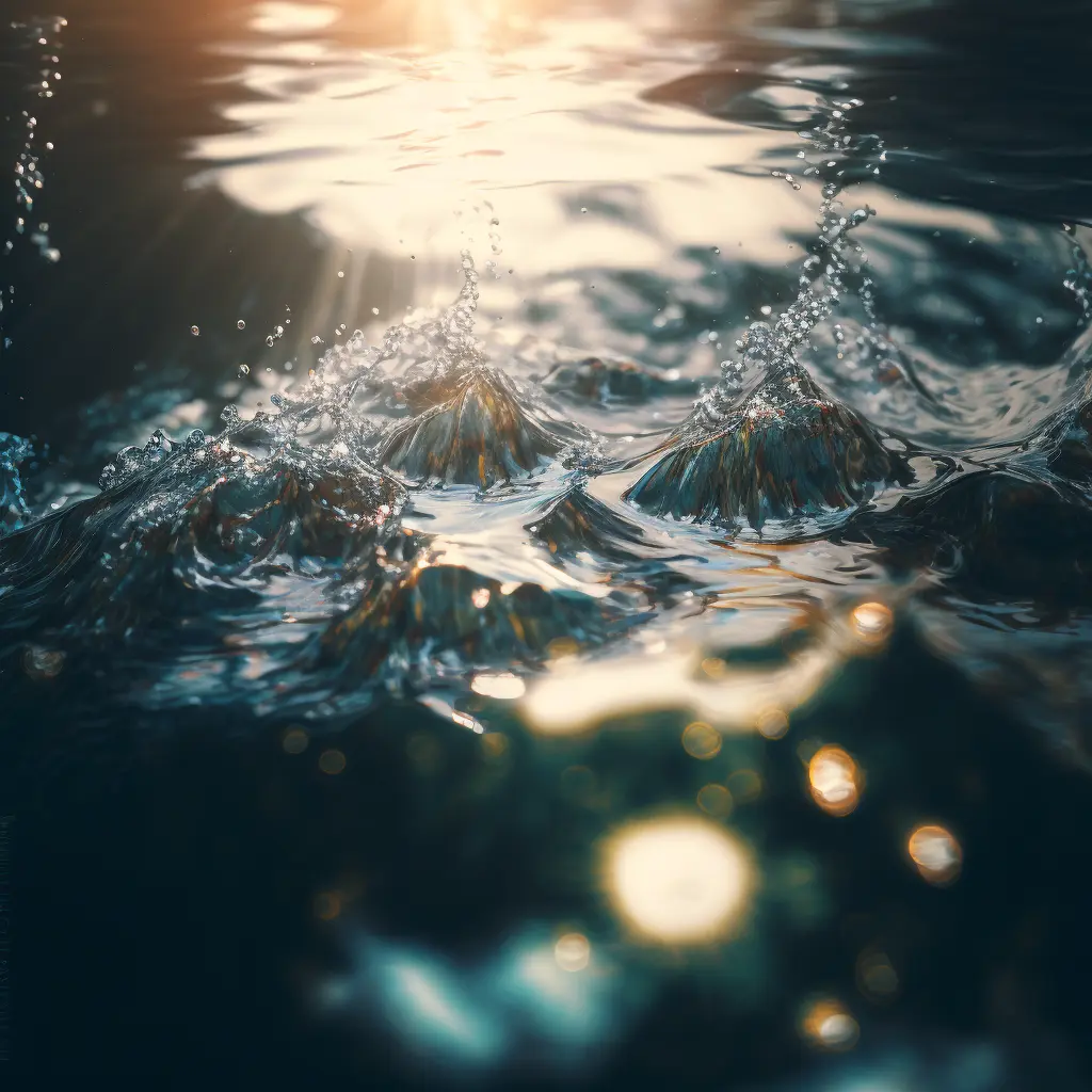 water with sparkling, crisp radiant reflections, sunlight gleaming, Canon 35mm lens hyperrealistic photography, style of unsplash